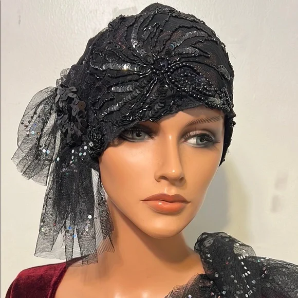 2 pc set Black Church Daytime Flapper Hat Cloche Fingerless 